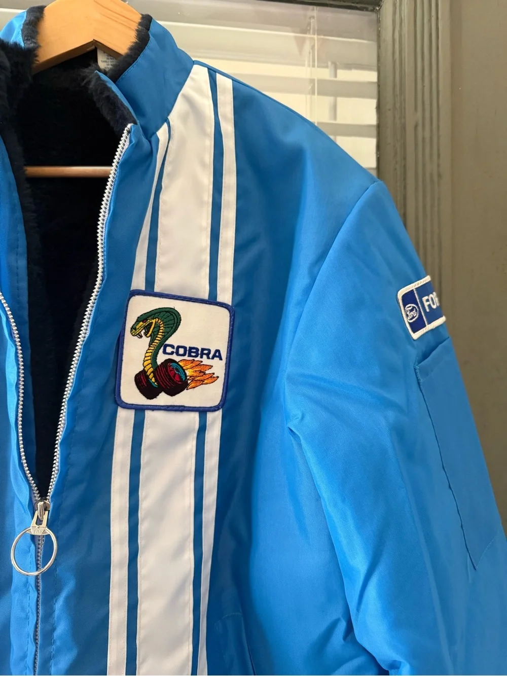 Vintage 1970s Ford Shelby Cobra Racing Blue Stripe Men’s Jacket